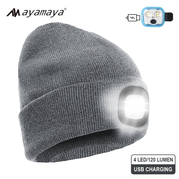 AYAMAYA Unisex Beanie Hat with LED, Rechargeable Knitted Winter Warm Hats with Headlamp for Outdoor Camping Hiking, Gray