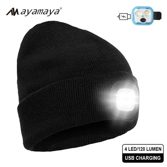 AYAMAYA Unisex Beanie Hat with LED, Rechargeable Knitted Winter Warm Hats with Headlamp for Outdoor Camping Hiking, Black