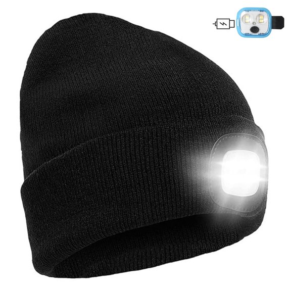 Unisex Beanie Hat with LED USB Rechargeable Light Cap with Headlamp for Outdoor Hunting Camping Hiking Knitted Winter Warm Hats with Adjustable Brightness Bright Head Lamps Gift for Men (Black)