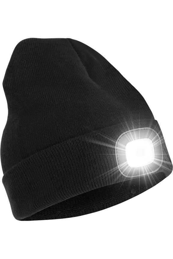 Unisex Beanie Hat with Light, USB Rechargeable LED Headlamp Hat Night Light Cap Christmas Stocking Stuffers Gifts for Men Dad Father Husband (Black)
