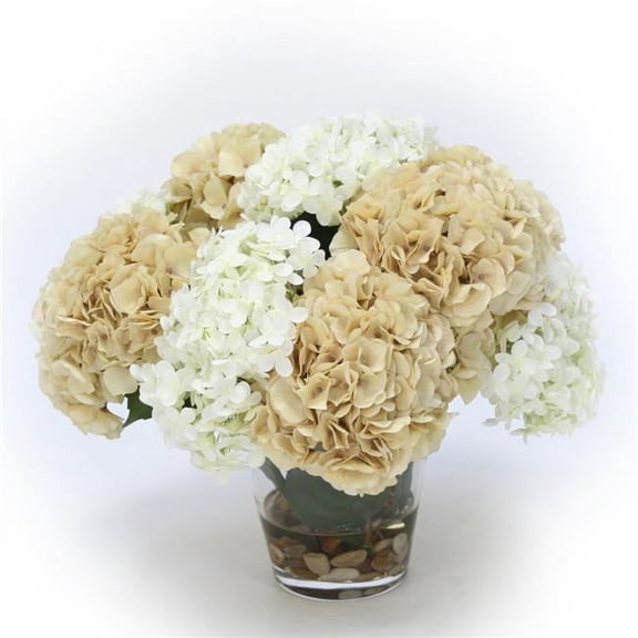 Unisex Beige & Cream Hydrangea Mix in Glass Vase - Green
