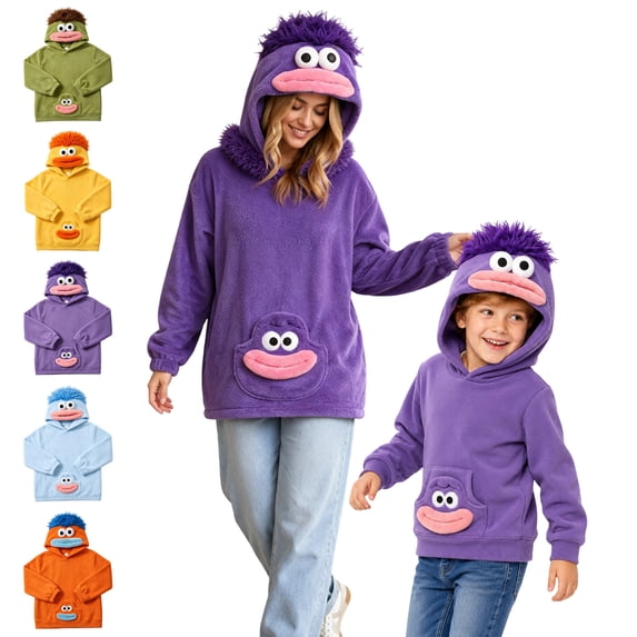 Unisex Big Mouth Monster Hoodie Cute Fleece Oversized Pajama Loungewear Fuzzy Holiday Hooded Sweatshirt Purple Pink