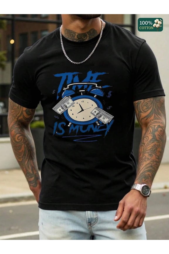Unisex Black 100% Cotton Round Neck Short-Sleeve T-Shirt Time Is Money Graphic Tee For Men