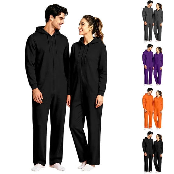 Unisex Black Adult Hooded One Piece Jumpsuit,Full Zip Long Sleeve Casual Onesie Halloween Pajamas for Loungewear Home Sleepwear for Men Women