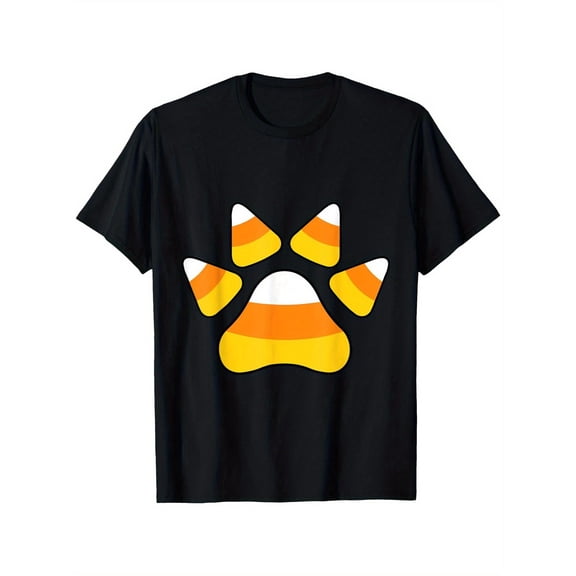 Unisex Black Candy Corn Cat Paw Halloween Graphic Tee Plus Size S-5XL, Festive Printed T-Shirt, Casual Oversized Top for Cat & Halloween Enthusiasts