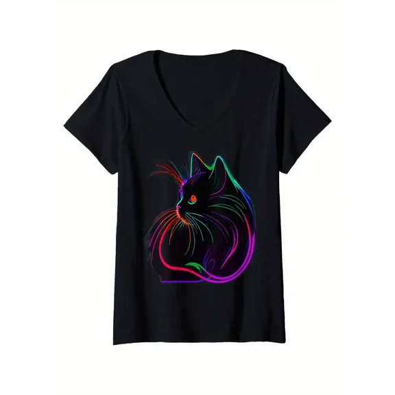 Unisex Black Cat Realistic Watercolor Graphic T-Shirt - Vibrant Neon Colorful Design, 100% Cotton Regular Fit Round Neck Tee for Casual Outdoor & Daily Wear, All-Season