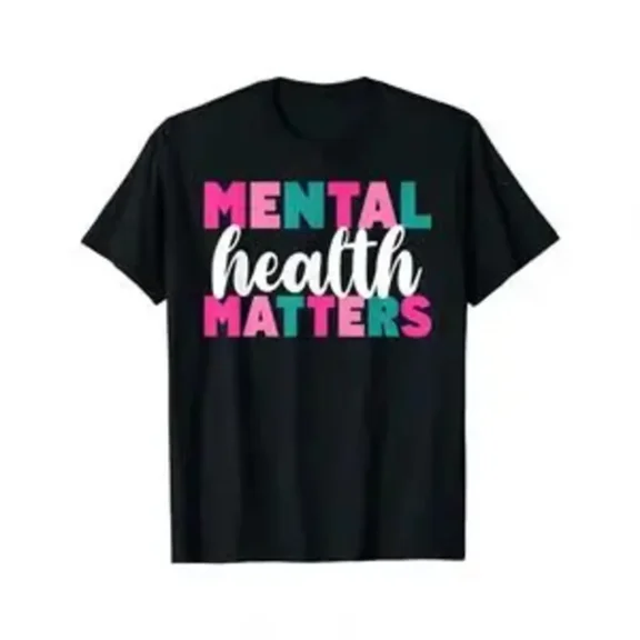 Unisex Black Cotton Mental Health Awareness T-Shirt, Bold Pink & Teal "Mental Health Matters" Graphic Tee, Soft Round Neck Short Sleeve Casual Advocacy Top, Machine Washable Inspirational Apparel