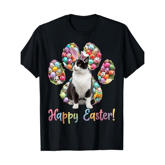 Unisex Black Easter Cat With Bunny Ears Graphic Tee Plus Size S-5XL, Festive Printed T-Shirt, Casual Oversized Top for Cat & Easter Enthusiasts
