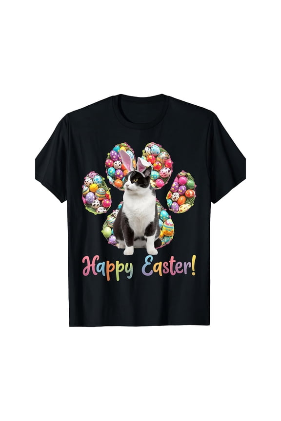 Unisex Black Easter Cat With Bunny Ears Graphic Tee Plus Size S-5XL, Festive Printed T-Shirt, Casual Oversized Top for Cat & Easter Enthusiasts