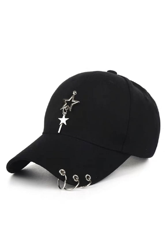Unisex Black Fitted Cap, K-pop Cap, Baseball Cap with Ring Chain, Metallic Cap, Unique Cap, Cap with Star