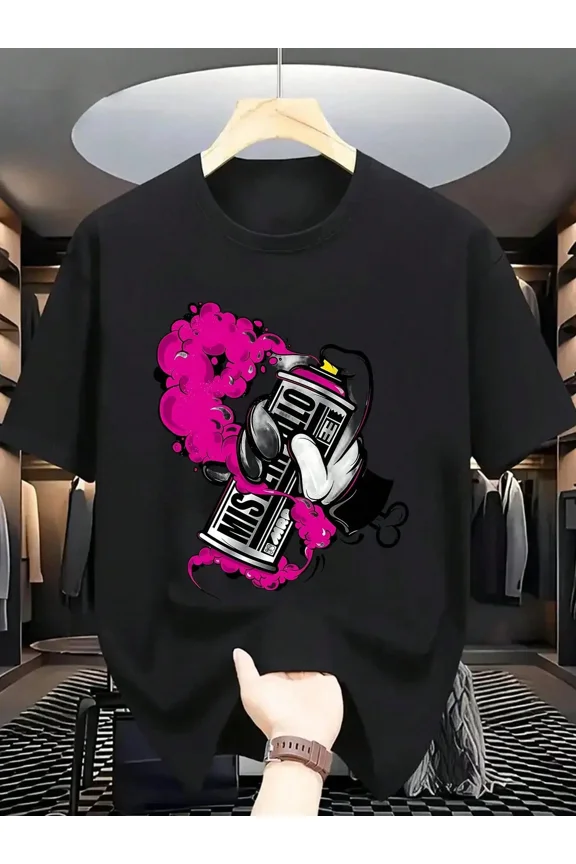 Unisex Black Graffiti Spray Paint Can Graphic T-Shirt Streetwear Short Sleeve Cotton Tee