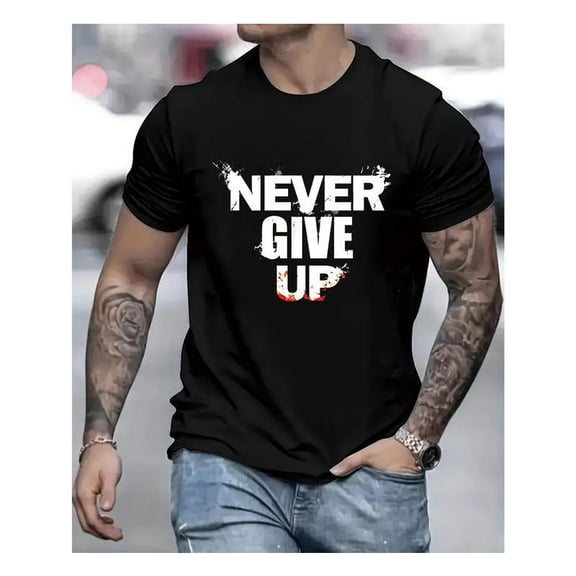 Unisex Black "Never Give Up" Motivational Graphic Tee Plus Size S-5XL, Bold Printed T-Shirt, Casual Oversized Top for Positivity Enthusiasts & Street Style Lovers