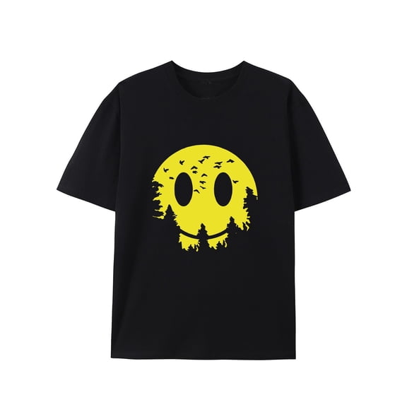 Unisex Black Print Tshirt Graphic Tees Shirts Nature Smile Face Forest Bird Humor S-5XL Tops