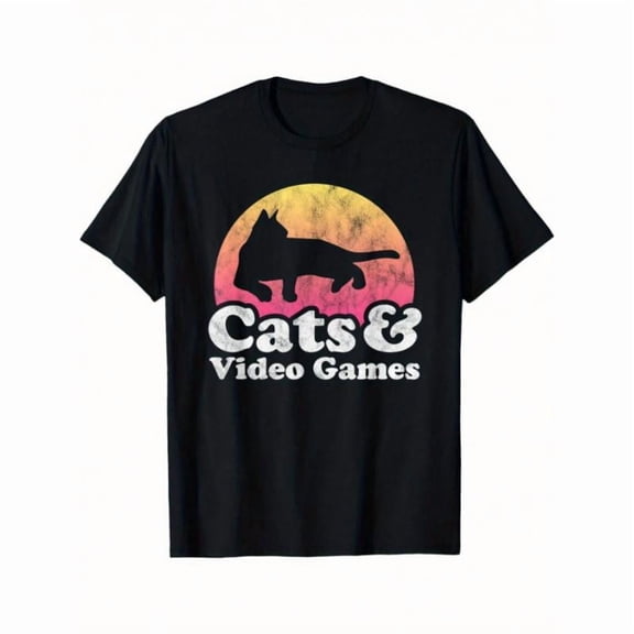 Unisex Black Print Tshirt Graphic Tees Shirts Retro Cats & Video Games Design Casual Tops S-5XL