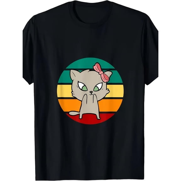 Unisex Black Print Tshirt Graphic Tees Shirts Retro Cute Cat Bow Vintage Design Casual Tops S-5XL