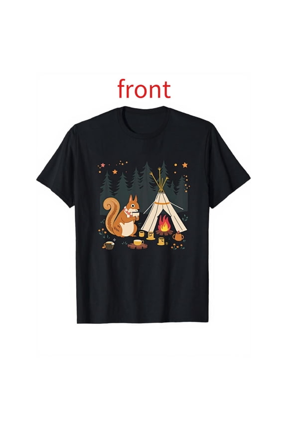 Unisex Black Print Tshirt Graphic Tees Shirts Squirrel Camping Tent Bonfire Design Casual Tops S-5XL