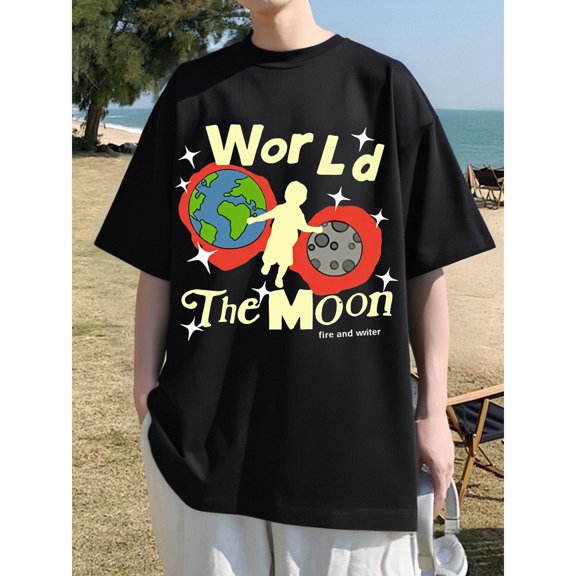 Unisex Black Print Tshirt Graphic Tees Shirts World The Moon Earth Space Design Casual Tops S-5XL