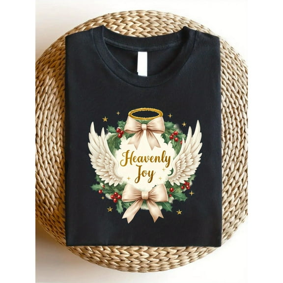 Unisex Black T-Shirt Graphic Tees "Heavenly Joy" Angel Wings & Halo Holiday Design Shirts S-5XL Casual Daily Tops