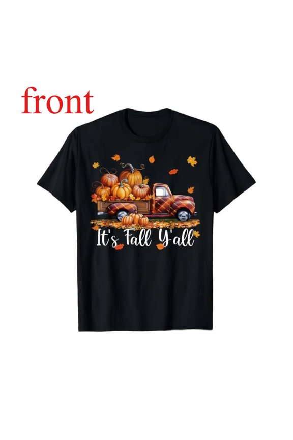 Unisex Black T-Shirt Graphic Tees "It's Fall Y'all" Plaid Truck & Pumpkin Autumn Design Shirts S-5XL Casual Daily Tops