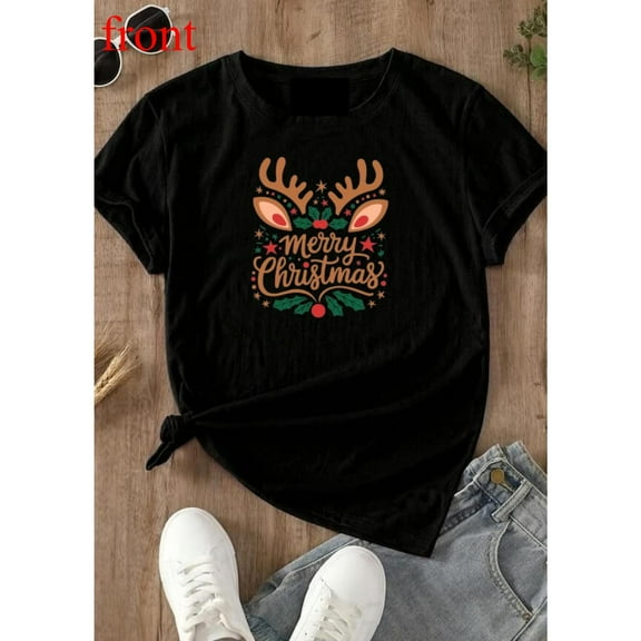 Unisex Black T-Shirt Graphic Tees "Merry Christmas" Reindeer Antlers Holiday Design Shirts S-5XL Casual Daily Tops