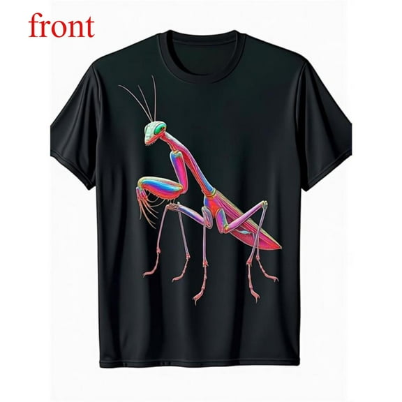 Unisex Black T-Shirt Graphic Tees "Rainbow Praying Mantis" Nature & Art Design Shirts S-5XL Casual Daily Tops