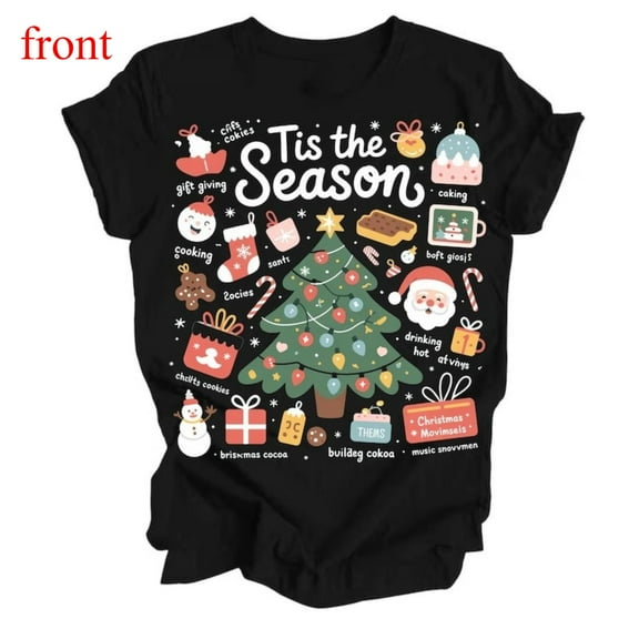Unisex Black T-Shirt Graphic Tees "Tis the Season" Christmas Elements Collage Holiday Design Shirts S-5XL Casual Daily Tops
