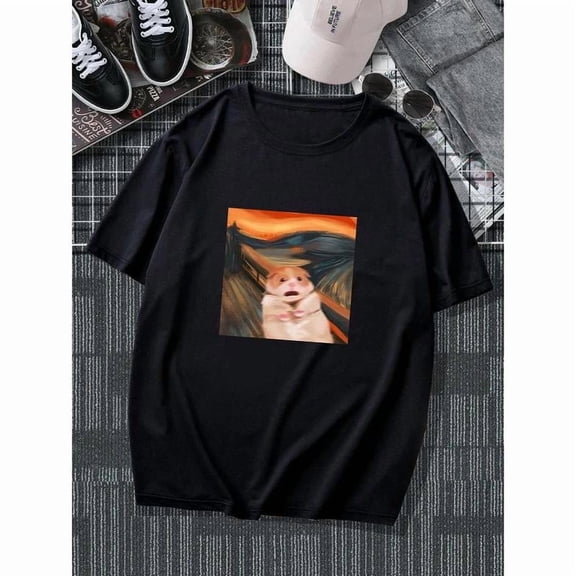 Unisex'Black cotton Black Print Tshirt Graphic Tees Shirts Retro "The Scream" Hamster Art Humor S-5XL Tops