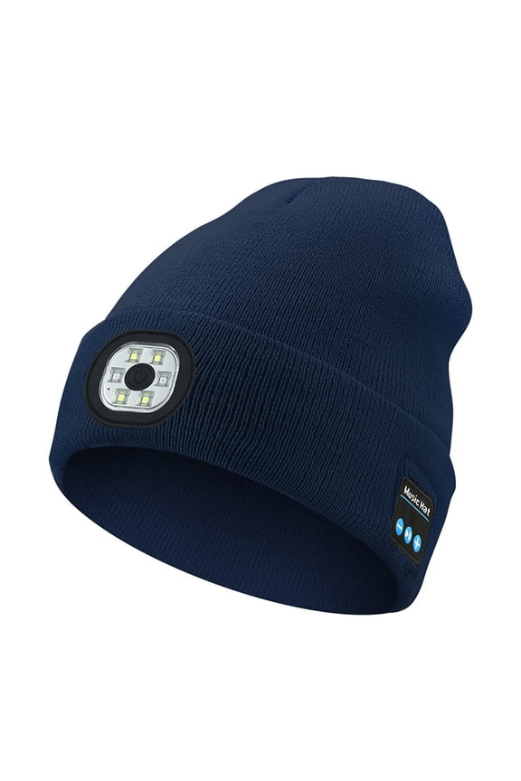 Unisex Bluetooth Beanie Hat with Headlight Upgraded 6 LED Musical Winter Knitted Cap with Headphone & Mic Gifts for Men Women Outdoor Sports (Dark Blue)