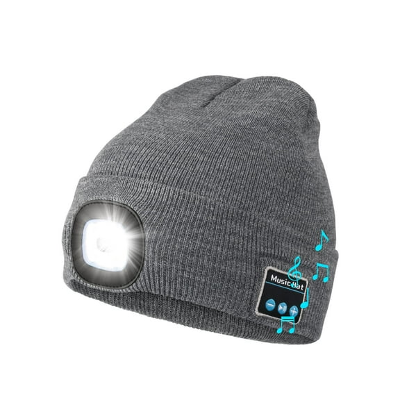 Unisex Bluetooth Beanie Hat with LED Light,USB Rechargeable Headlamp Cap with Headphones, Built-in Stereo Speakers & Mic Winter Knitted Night Lighted Musical Hat for Hiking, Biking, Camping
