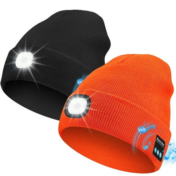 Unisex Bluetooth Beanie Hat with Light,USB Rechargeable 6 LED Headlamp Winter Hat with Headphones and Built-in Speaker Mic for Men Women Running Camping Fishing (Black&Bright Orange)