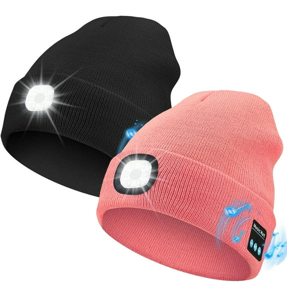 Unisex Bluetooth Beanie Hat with Light,USB Rechargeable 6 LED Headlamp Winter Hat with Headphones and Built-in Speaker Mic for Men Women Running Camping Fishing (Black&Pink)