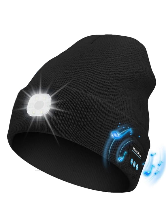 Unisex Bluetooth Beanie Hat with Light,USB Rechargeable 6 LED Headlamp Winter Hat with Headphones and Built-in Speaker Mic for Men Women Running Camping Fishing (Black)