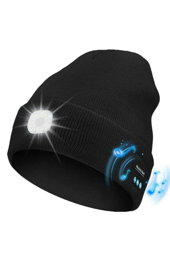 Unisex Bluetooth Beanie Hat with Light,USB Rechargeable 6 LED Headlamp Winter Hat with Headphones and Built-in Speaker Mic for Men Women Running Camping Fishing (Black)