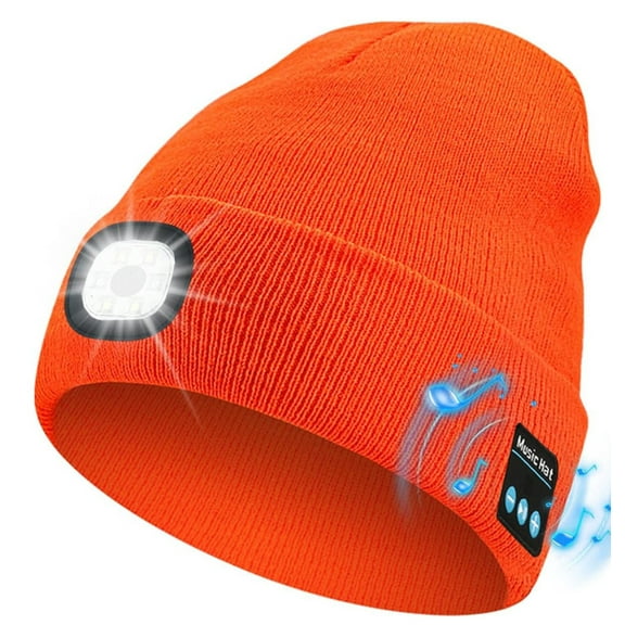 Unisex Bluetooth Beanie Hat with Light,USB Rechargeable 6 LED Headlamp Winter Hat with Headphones and Built-in Speaker Mic for Men Women Running Camping Fishing (Bright Orange)