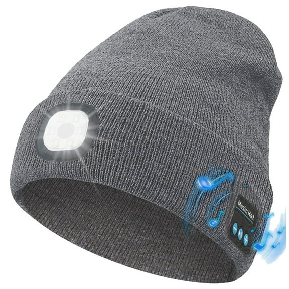 Unisex Bluetooth Beanie Hat with Light,USB Rechargeable 6 LED Headlamp Winter Hat with Headphones and Built-in Speaker Mic for Men Women Running Camping Fishing (Grey)