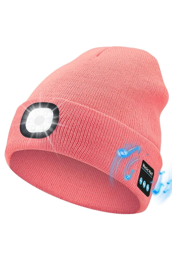 Unisex Bluetooth Beanie Hat with Light,USB Rechargeable 6 LED Headlamp Winter Hat with Headphones and Built-in Speaker Mic for Men Women Running Camping Fishing (Pink)