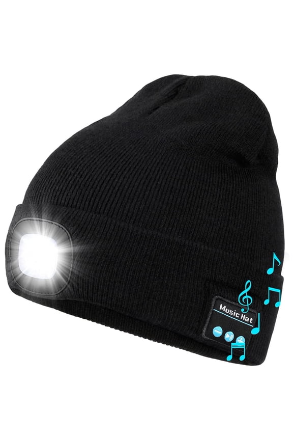 Unisex Bluetooth Beanie Hat with LED Light Wireless Musical Knitted Cap with Stereo Headphone for Running Hiking Jogging (Black)