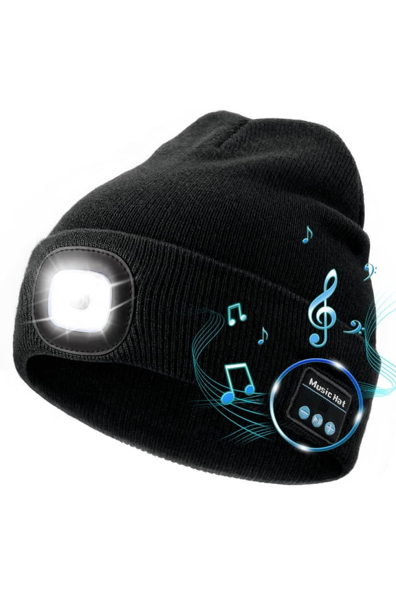 Unisex Bluetooth Beanie Hat with Light, Upgraded Musical Knitted Cap, LED Hat for Running Hiking, for Men Women Dad(Black)