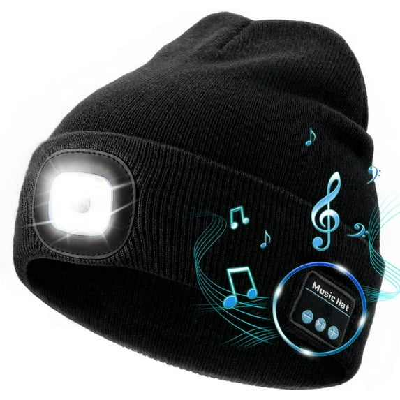 Unisex Bluetooth Beanie Hat with Light, Upgraded Musical Knitted Cap, LED Hat for Running Hiking, for Men Women Dad(Black)