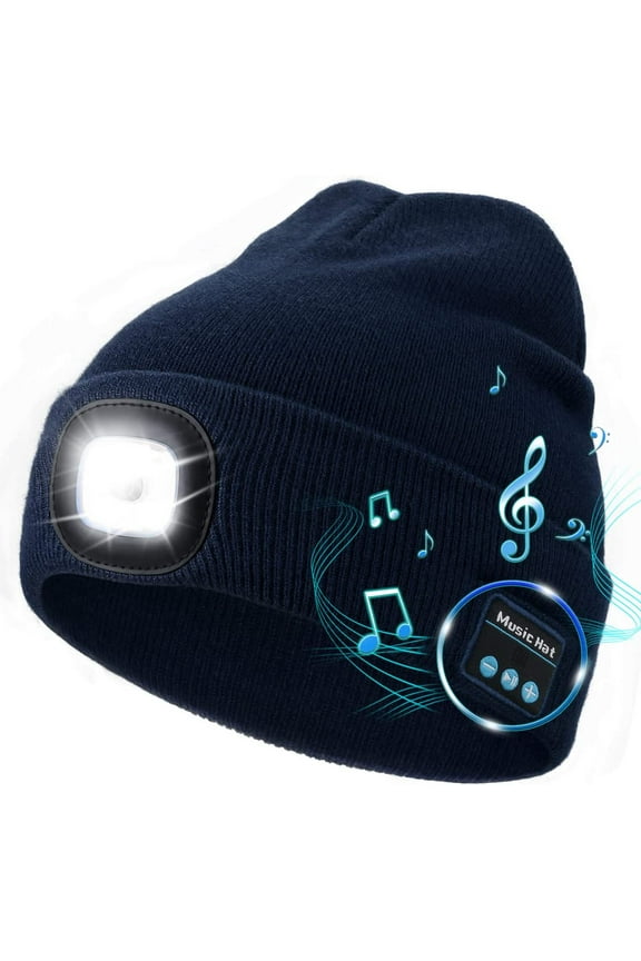 Unisex Bluetooth Beanie Hat with Light, Upgraded Musical Knitted Cap, LED Hat for Running Hiking, for Men Women Dad(Navy Blue)