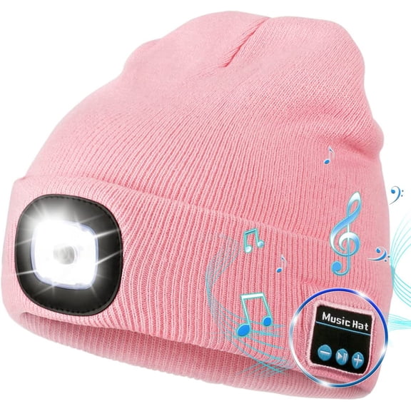 Unisex Bluetooth Beanie Hat with Light, Upgraded Musical Knitted Cap, LED Hat for Running Hiking, for Men Women Dad(Pink)