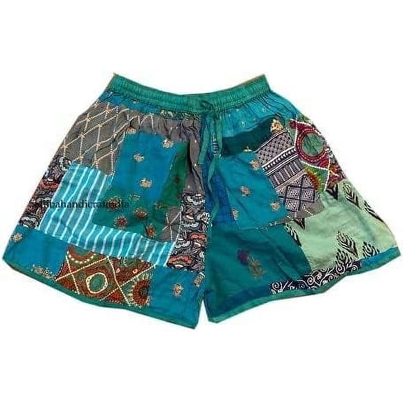 Unisex Boho Bohemian Hippie Rayon Patchwork Festival Shorts One Size Elasticated Waist Comfy Shorts / Aqua