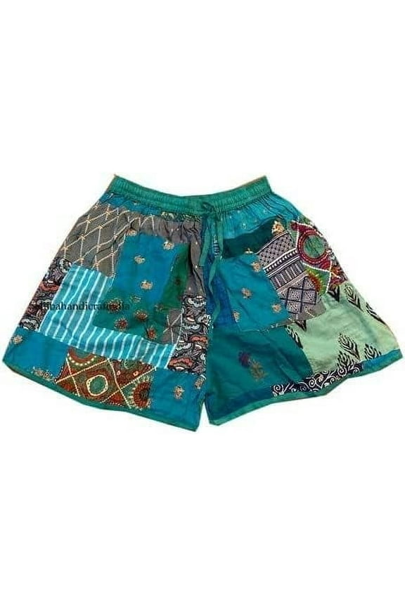 Unisex Boho Bohemian Hippie Rayon Patchwork Festival Shorts One Size Elasticated Waist Comfy Shorts / Aqua