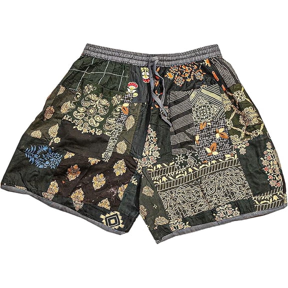 Unisex Boho Bohemian Hippie Rayon Patchwork Festival Shorts One Size Elasticated Waist Comfy Shorts / Dark Green
