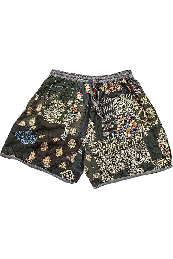 Unisex Boho Bohemian Hippie Rayon Patchwork Festival Shorts One Size Elasticated Waist Comfy Shorts / Dark Green