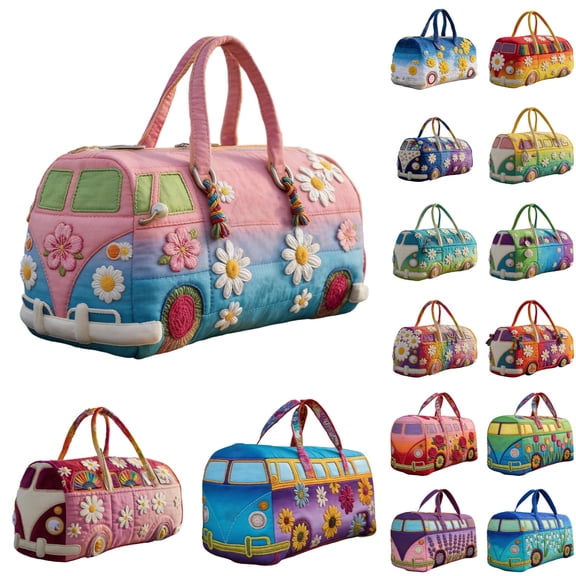 Unisex Boho Quilted Weekender Bag, Large Hippie Van Quilted Duffle Bag, Free-Spirited, Ready to Wander, Carry-On Luggage for Gym, Yoga, Weekend Trips