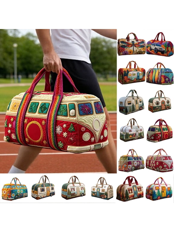 Unisex Boho Quilted Weekender Bag, Large Hippie Van Quilted Duffle Bag, Free-Spirited, Ready to Wander, Carry-On Luggage for Gym, Yoga, Weekend Trips