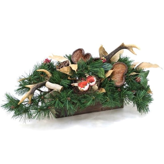 Unisex Bonsai Foliage with Durian Leaves Deer Horns in Wooden Box - Green
