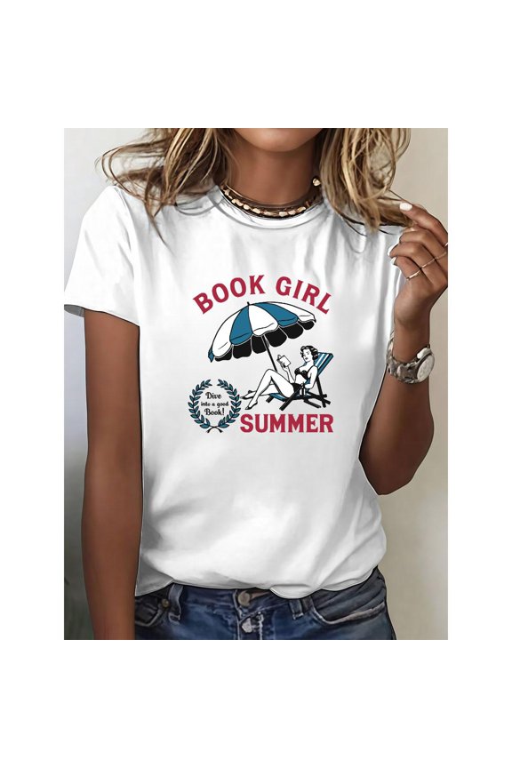 Unisex "Book Girl Summer" Literary Retro Graphic Tees featuring Bookish Summer Print T - shirts Comfortable Short Sleeve Tops Great For Daily Casual Wear