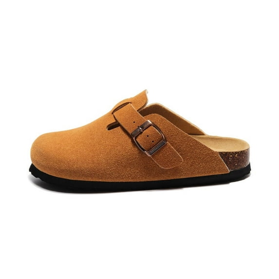 Unisex Boston Soft Footbed Clog Cow Suede Leather Clogs, Cork Clogs Shoes for Women Men Tan